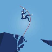 Businessman doing pole vaulting cross over the crisis valley, jump over the barrier with a pole, way forward and overcoming obstacles concept vector