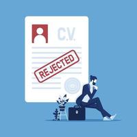 Frustrated businessman with reject stamp on the stack of paper sheets, refusal to grant a loan or job, blank or cv resume with stamp-rejected vector