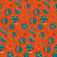 Juicy Watermelon Seamless Pattern on Red Background. Whole and sliced summer juicy fruit. Flat hand drawn vector illustration.