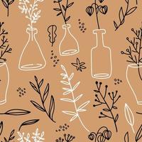 Seamless pattern with glass bottles which contain autumn leaves, flowers branches, berries. Line art hand drawn illustration. fall colors vector