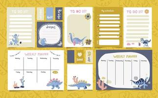 Set of planners with cute dinosaurs in Scandinavian style. Cute postcards, day planners, to-do list for print. Hand drawn doodle illustration of cute dino with cactus and trendy lettering. vector