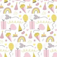 Seamless pattern with cute hand drawn gift boxes, baloon, buquete, hats and rainbow. Colorful decorative doodle party elements. Celebration Birthday, Holidays, New Year. Vector flat illustration.