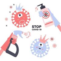 conjunto de desinfección coronavirus. parada 2019-ncov. el spray de mano en guante mata un personaje bacteriano de virus con una botella de desinfectante. solución desinfectante. ilustración infantil vectorial. epidemia de prevención. vector