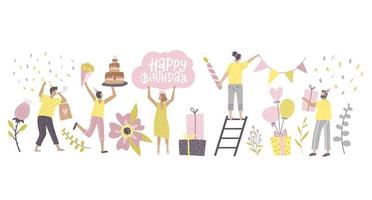 gente feliz en la colección de celebración de cumpleaños. gente pequeña con flores grandes. conjunto de iconos de colores pastel aislado sobre fondo blanco. ilustración vectorial plana vector