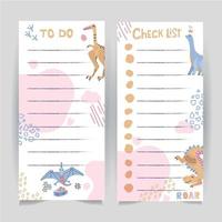 Set of two printable template of to do and check list page decorated with hand drawn dinosaurus and abstract strokes in scandinavian style. vector