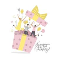 Happy friends making surprise for birthday party. People jumping out of gift box. Smiling characters waving by hands. Celebration, joy and fun concept. Flat vector hand drawn illustration