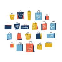 Set of 21 shopping paper bags on white background. Vector flat illustration with hand drawn lettering. Elements for Big Black Friday sale.