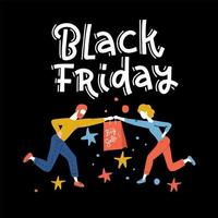 Special Offer Black Friday Sale square banner, poster or flyer template with shoppers trying to take from each other last goods in gab left in store. Flat vector illustration with letteting