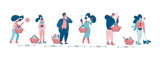 People keep distance away in public to protect COVID-19. Coronavirus flu outbreak, people with shopping carts wait in line or queue keep away distance with COVID-19 pathogen. Flat vector characters