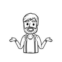 Man with Spread hands. Smiling young bearded man in shirt. Doubt and timidity. Hand drawn sketch cartoon. Uncertainty and shrugging. Funny illustration vector