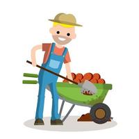 Rural boy digging potatoes with a spade. rustic Cart with vegetables vector