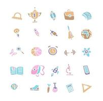 Hand drawn education icons vector on white background. School Icons. Back To School. Hand Drawn color Icon Set. Sketchy School objects and symbols. Freehand drawing school items