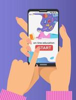 Vector online education concept in flat style. Two Hands holding mobile phone with educational app on the screen. Distant e-learning. Finger pushes start button