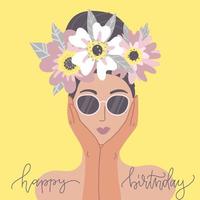 Happy Birthday greeting card. Cute lady in sunglasses with flower wreath. Design template for card, poster, flyer, banner. Flat vector illustration.