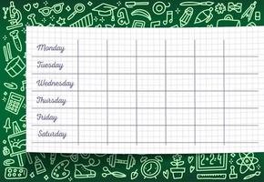 School timetable of lesson schedule template on checkered sheet. Weekly lesson plans on green chalkboard, decorated with pattern of school supplies and stationery sketches for education poster design vector