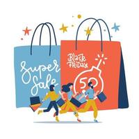 Black Friday Annual Grand Sale Event. Young characters buying things with a big discount. ig paper shoping bag with small customers running to store . Flat vector illustration