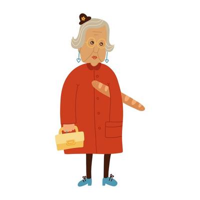 Stylish Fench funny elderly woman concept. Happy Grandmother in hipster  coat hat with rings on fingers cartoon character standing feeling cool and  positive lifestyle. Flat vector illustration 5977785 Vector Art at Vecteezy