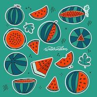 Watermelon doodle hand drawn stickers set in bright color style. Isolated sunny fruit collection - whole and sliced. Vector hand drawn illustration.