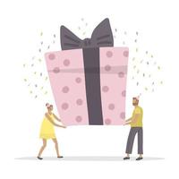 feliz pequeño hombre y mujer llevan una enorme caja de regalo. gran bono u oferta especial. regalo de feliz cumpleaños. ilustración vectorial dibujada a mano plana moderna. vector