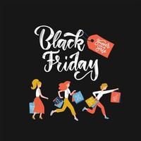 Black Friday crowd of women running to the store on sale. Flat vector illustration. Lettering text with red tag on dark background. Square banner with pretty girls holding shopping bags in hands,.