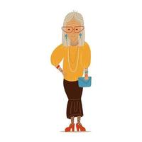 Beautiful old woman in elegant trendy clothes. Senior female cartoon character standing in fashion pose. Gray haired grandmother full length dressed in a skirt and blouse . Flat vector illustration