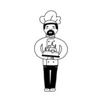 Bakery male character. Hand drawn doodle line vector illustration of chef-cooker with a mustache and beard with cake in hands. Chef cake logo.