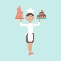 Woman Professional Chef Character with Delicious Cake Desserts. Female Baker Wearing Traditional Uniform Working in Restaurant or Cafe. Vector flat hand drawn Illustration