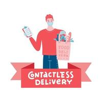 Couriers holding package in medical mask and gloves. Concept of contactless to door delivery 24-7. Coronavirus quarantine shop or store food express fast delivery service. Vector flat illustration