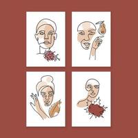 Set of portraits of women with autumn leaves and abstract terracotta, beige and yellow shapes. Hand drawn minimalistic lines. Isolated vector illustration for social networks. A4 posters