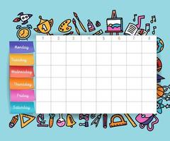 Calendar schedule with stickers. School planning or scheduling work. Vector volume illustration. Vector Template School timetable for students and pupils. hand drawn elements of school supplies.