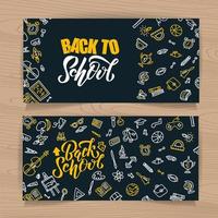 Back to school vector sketch lettering and hand drawn school stationery. Set of Black board backgrounds with outline doodle school supplies icons. Design for poster, banner, school or education theme.