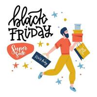 Black Friday guy runs to the store on sale. Male shopper holding bags and boxes. Yoand man with beard on shopping. Flat design vector illustration with lettering.