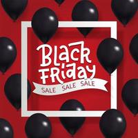 Black Friday Sale Poster with Shiny black Balloons on gark Red Background with white Square Frame. Vector realistic mesh illustration with hand drawn lettering.