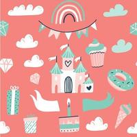 Seamless pattern with pink princess castle, flag garland, sweets and raindow. Flat hand drawn doodle illustration. vector