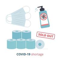 Shortage Phenomenon due to Covid19 Outbreak. Coronavirus Pandemic and Shocked Upset. Set of Facial Mask, Sanitizer gel and toilet paper Sold out. Lack of essentials. Vector flat illustration.