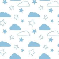 Vector seamless pattern. Clouds, rain, drops, tears, rainbow, stars, the Sun, Moon, heart. Weather at the day or night. Hand drawn in doodle style. Lovely background for printing on paper or fabric.