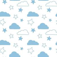 Vector seamless pattern. Clouds, rain, drops, tears, rainbow, stars, the Sun, Moon, heart. Weather at the day or night. Hand drawn in doodle style. Lovely background for printing on paper or fabric.