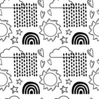 Vector seamless pattern. Clouds, rain, drops, tears, rainbow, stars, the Sun, Moon, heart. Weather at the day or night. Hand drawn in doodle style. Lovely background for printing on paper or fabric.