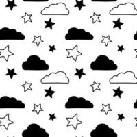 Vector seamless pattern. Clouds, rain, drops, tears, rainbow, stars, the Sun, Moon, heart. Weather at the day or night. Hand drawn in doodle style. Lovely background for printing on paper or fabric.