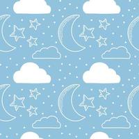 Vector seamless pattern. Clouds, rain, drops, tears, rainbow, stars, the Sun, Moon, heart. Weather at the day or night. Hand drawn in doodle style. Lovely background for printing on paper or fabric.