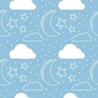 Vector seamless pattern. Clouds, rain, drops, tears, rainbow, stars, the Sun, Moon, heart. Weather at the day or night. Hand drawn in doodle style. Lovely background for printing on paper or fabric.