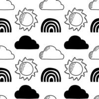 Vector seamless pattern. Clouds, rain, drops, tears, rainbow, stars, the Sun, Moon, heart. Weather at the day or night. Hand drawn in doodle style. Lovely background for printing on paper or fabric.