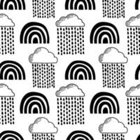 Vector seamless pattern. Clouds, rain, drops, tears, rainbow, stars, the Sun, Moon, heart. Weather at the day or night. Hand drawn in doodle style. Lovely background for printing on paper or fabric.