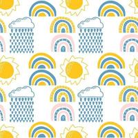 Vector seamless pattern. Clouds, rain, drops, tears, rainbow, stars, the Sun, Moon, heart. Weather at the day or night. Hand drawn in doodle style. Lovely background for printing on paper or fabric.