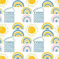 Vector seamless pattern. Clouds, rain, drops, tears, rainbow, stars, the Sun, Moon, heart. Weather at the day or night. Hand drawn in doodle style. Lovely background for printing on paper or fabric.