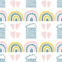 Vector seamless pattern. Clouds, rain, drops, tears, rainbow, stars, the Sun, Moon, heart. Weather at the day or night. Hand drawn in doodle style. Lovely background for printing on paper or fabric.