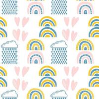 Vector seamless pattern. Clouds, rain, drops, tears, rainbow, stars, the Sun, Moon, heart. Weather at the day or night. Hand drawn in doodle style. Lovely background for printing on paper or fabric.