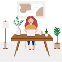 Business woman at the desk is working on the laptop computer. Vector illustration in flat style
