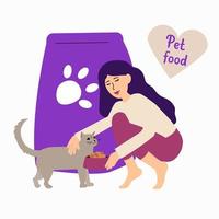 The girl feeds the cat with food in a bowl. Large size cat food on the background. Flat vector illustration.