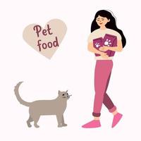 Female character Caring for a pet. A woman holds a caf on a leash and holds cat food or pets in her hands. People love and care about pets. Concept. Linear Vector Illustration